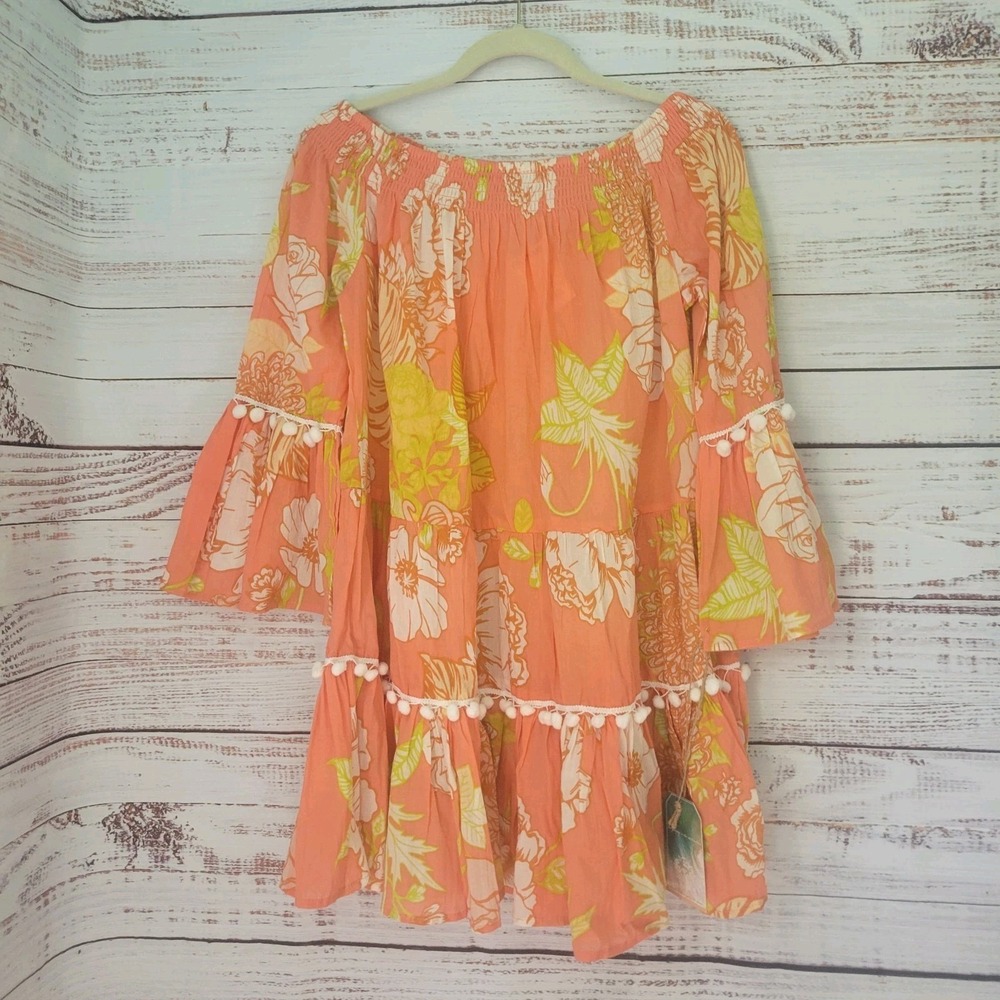 NWT True Destinations Resort‎ Wear Tiered Floral Mini Dress L Boho PomPom